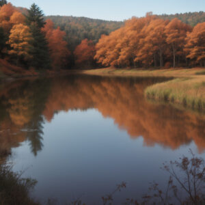 黄や橙の木々が広がる湖畔の秋の風景 / Autumn scenery with yellow and orange trees by the lakeshore