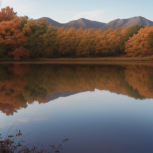 遠くの山々と紅葉が湖面に美しく映る秋の湖 / Autumn lake beautifully reflecting distant mountains and foliage