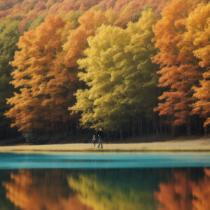 黄葉の森と青い湖、岸辺に立つ人物のいる秋の風景 / Autumn scene with yellow forest and blue lake, a person standing on the shore