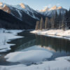 雪に覆われた山々と湖が静かに広がる冬の風景 / Snow-covered mountains and a tranquil winter lake
