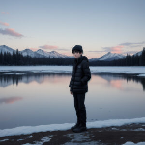 冬の湖畔に立つ黒い服の人物の後ろ姿 / Rear view of a person in black standing by a winter lake