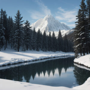 針葉樹に囲まれた冬の湖と雪山の反射 / Snowy mountain reflected in a lake surrounded by conifer trees