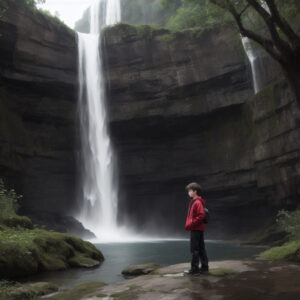 赤いパーカーの少年が岩場で滝を見つめている / A boy in a red hoodie standing on rocks and looking at a waterfall