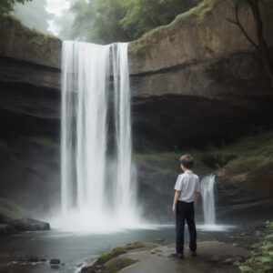 白シャツの男性が静かな滝の前に立っている / A man in a white shirt standing in front of a serene waterfall