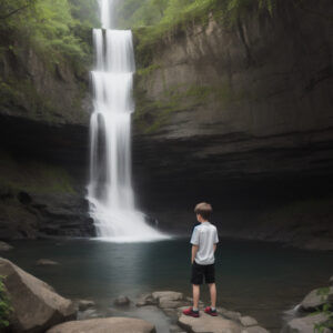 段差のある滝を見上げる少年の後ろ姿 / Rear view of a boy looking up at a tiered waterfall