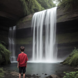 短パン姿の少年が美しい滝を眺めている / A boy in shorts gazing at a beautiful waterfall