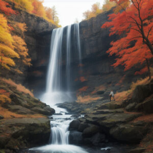 紅葉に囲まれた岩場を流れる秋の滝と立つ人物 / Autumn waterfall cascading over rocks surrounded by autumn foliage with a person standing nearby