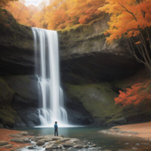 黄金色の木々に囲まれた断崖から落ちる秋の滝 / Autumn waterfall dropping from a cliff framed by golden trees