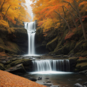 二段に分かれて落ちる滝と赤く色づく森の秋景色 / Two-tiered waterfall in an autumn forest with red foliage