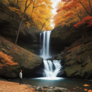 鮮やかな紅葉と滝の前に佇む人物の秋の風景 / Autumn landscape with vivid foliage and a person standing before a waterfall