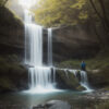 新緑に包まれた春の滝を見つめる人物 / A person watching a spring waterfall surrounded by fresh greenery