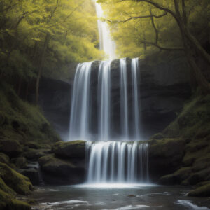 柔らかな日差しが差し込む春の滝 / A spring waterfall bathed in gentle sunlight