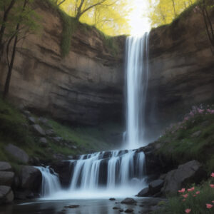 岩肌を流れる清らかな春の滝 / A clear spring waterfall flowing down rocky cliffs