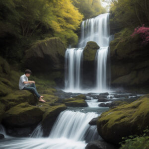 苔むした岩の上で春の滝を眺める少年 / A boy sitting on mossy rocks, gazing at a spring waterfall