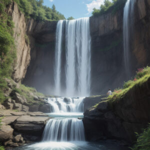 岩場を流れ落ちる夏の滝と段差のある水流 / A summer waterfall cascading over rocks with tiered water flow