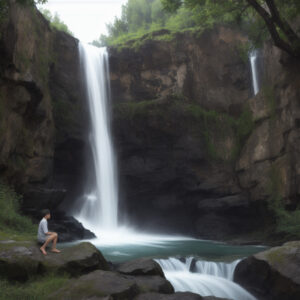 緑に囲まれた滝のそばで座る人 / A person sitting near a waterfall surrounded by lush greenery