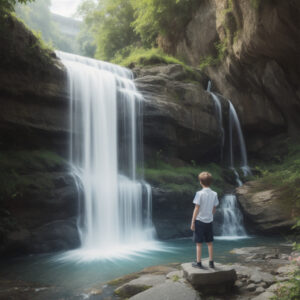 滝を見上げる少年と光が差し込む渓谷 / A boy looking up at a waterfall in a sunlit gorge