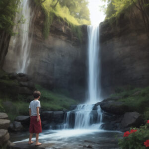 夏の滝を見つめる少年と静かな森の風景 / A boy gazing at a summer waterfall in a tranquil forest setting