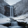 雪に覆われた渓谷を流れ落ちる美しい冬の滝 / Beautiful winter waterfall cascading through a snowy gorge