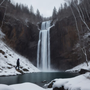 雪原の前で凍えるような滝を見上げる人物 / Person gazing up at a freezing waterfall before a snowy field