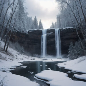 静けさに包まれた冬の森の中にある双子の滝 / Twin waterfalls in a tranquil winter forest