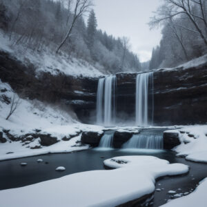雪の岩を越えて流れる冬の滝と静かな川面 / Winter waterfall flowing over snowy rocks into a calm river