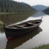 静かな湖に浮かぶ木造ボートと針葉樹の山々 / Wooden boat floating on a calm lake with conifer-covered mountains