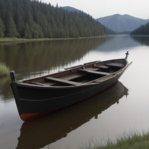 静かな湖に浮かぶ木造ボートと針葉樹の山々 / Wooden boat floating on a calm lake with conifer-covered mountains