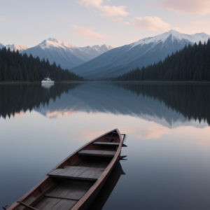 夕暮れの湖に浮かぶ小舟と遠くに連なる雪山 / Small boat on a lake at dusk with snowy mountains in the distance