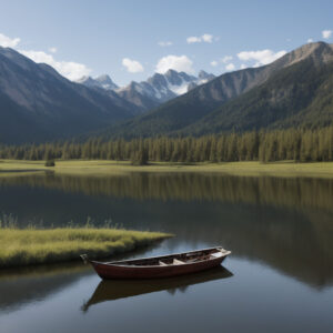 青空の下で湖に浮かぶボートと緑の森と山々の風景 / Boat floating on a lake under blue sky with forest and mountain scenery