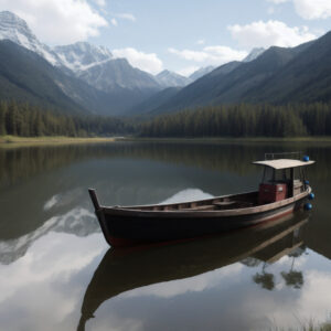 湖上に浮かぶ屋根付きのボートと雄大な山々 / Covered boat on a tranquil lake with majestic mountains in the background