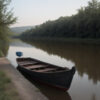 静かな川岸に係留された黒い木造の小舟 / Small black wooden boat moored on a quiet riverbank
