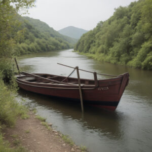 緑の丘に囲まれた川に浮かぶ赤茶色の手漕ぎ船 / Reddish-brown rowboat floating on a river surrounded by green hills