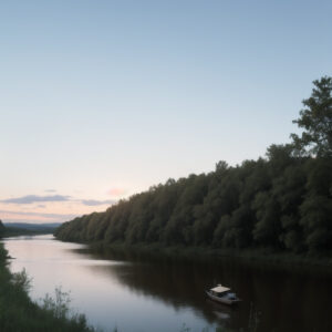 夕暮れ時の川を静かに進む小さなボートと木々のシルエット / Small boat cruising on a river at dusk with silhouettes of trees