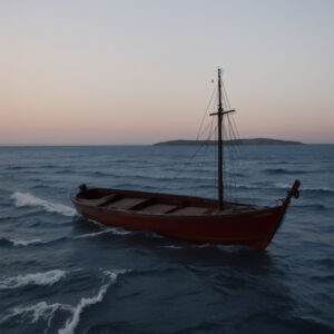 広がる海原をゆっくり進む赤い手漕ぎ船 / Red rowboat gently cruising across the open sea