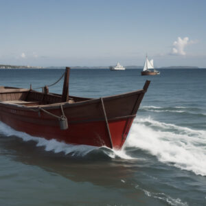 青空の下、波を切って進む赤い小型船と遠くのヨット / Small red boat cutting through waves under blue sky with distant yachts