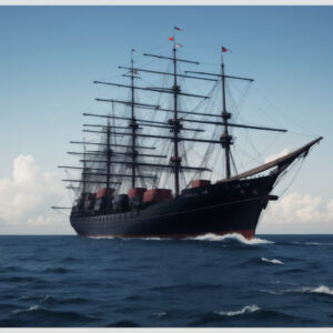 快晴の海を進む多くの帆を張った黒い帆船 / A black sailing ship with many sails cruising on a clear sea