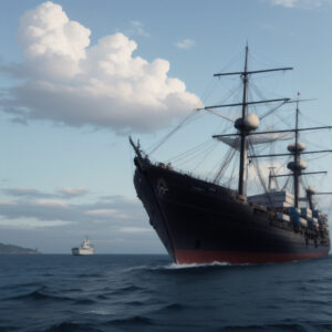 雲が浮かぶ青空の下で航行する蒸気帆船 / A steam sailing ship cruising under a sky with fluffy clouds