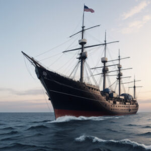 国旗を掲げて堂々と進む三本マストの帆船 / A three-masted ship sailing proudly with the flag