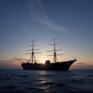 夕日を背景にシルエットになった古風な帆船 / A vintage ship silhouetted against the setting sun