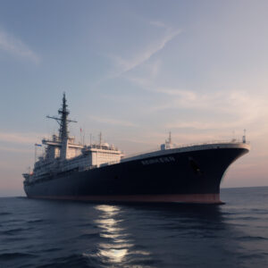 夕暮れの穏やかな海上に浮かぶタンカー / A tanker floating on the calm sea at sunset