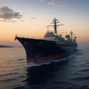 日没の空を背に航行する大型タンカー / A large tanker cruising under the sunset sky