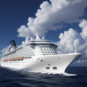 積雲を背景に進む堂々としたクルーズ船 / Majestic cruise ship moving forward with cumulus clouds behind