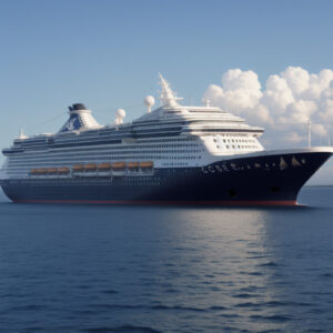 濃紺の船体が印象的なクルーズ船が穏やかな海に浮かぶ / Cruise ship with dark blue hull floating on a calm sea