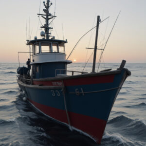 夕暮れの海を進む赤と青の漁船 / Red and blue fishing boat sailing on the sea at dusk