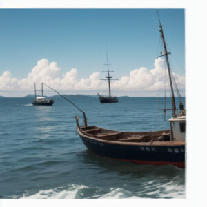 晴れた空の下、静かな海に浮かぶ複数の漁船 / Several fishing boats floating on a calm sea under clear skies