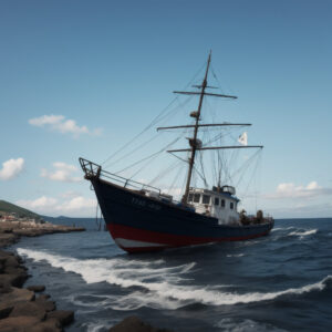 波打ち際に近づく黒い船体の漁船 / Black-hulled fishing boat approaching the rocky shore