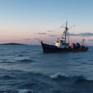 水平線に沈む夕日とともに進む漁船 / Fishing boat sailing with the setting sun on the horizon