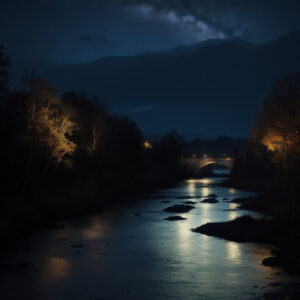 夜の川と星空、岸辺に照らされた木々の影 / Night river under starlit sky with illuminated trees on the bank