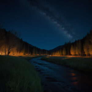 天の川が流れる夜の川、対岸に灯る光の列 / River at night under the Milky Way with lights lining the opposite shore